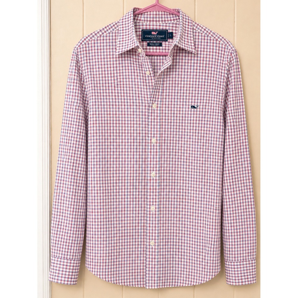 Vineyard Vines Mens Whale Shirt Large Gingham Red White Blue Button Down Cotton